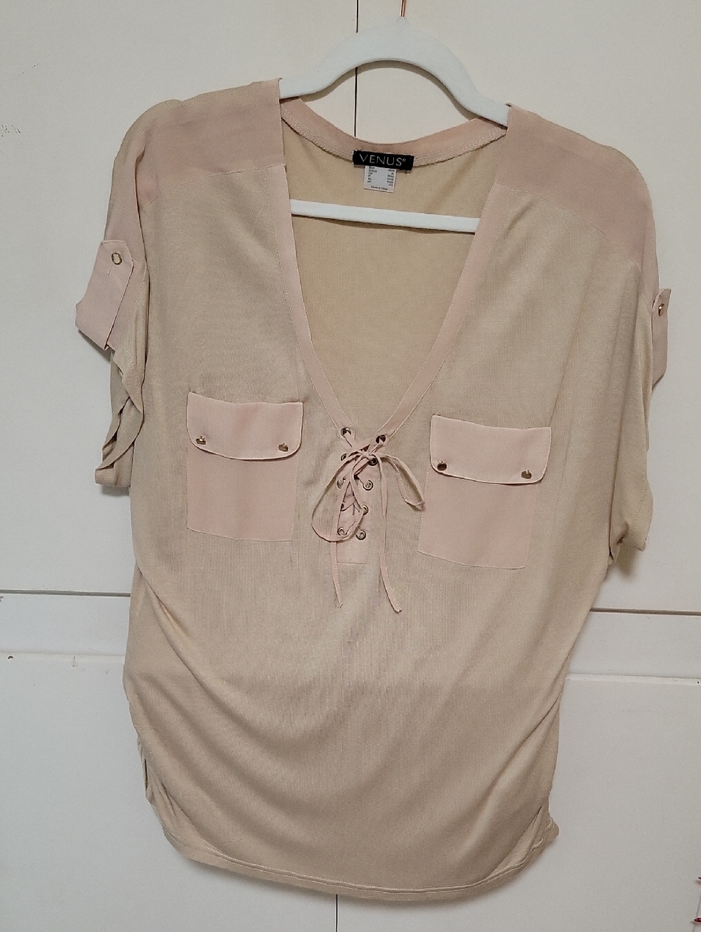 VENUS Lace-Up Pocket Blouse in Blush Pink